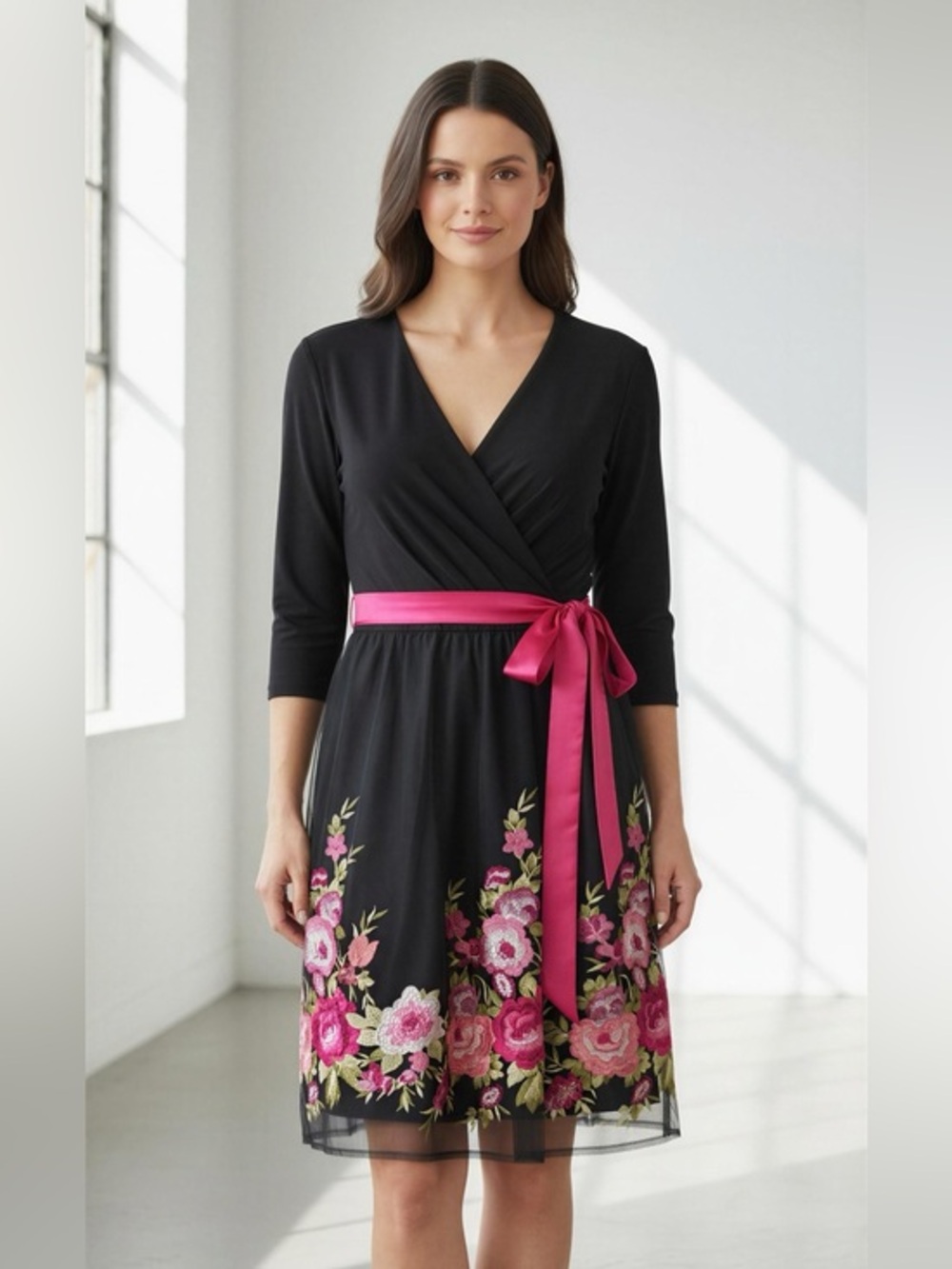 Leslie Fey Formal Black Midi Wrap Dress with Hot Pink Sash and Floral Embroidery
